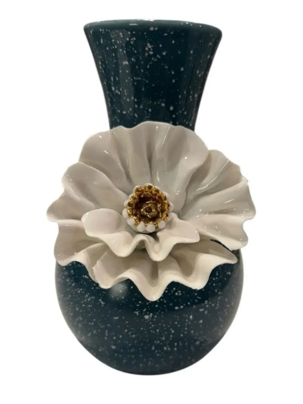Anthropologie Speckled Dark Teal Vase With Large 3D White Flower 8 Inches Tall